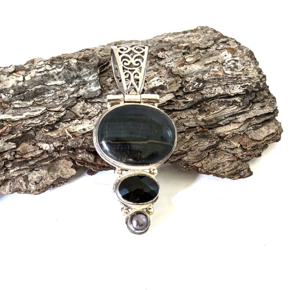 Vintage 925 Sterling Silver Large Triple Drop Pendant Black Onyx Pearl Statement